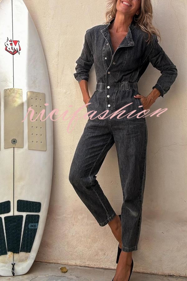 Carey Denim Button Up Long Sleeve Elastic Waist Pocketed Loose Jumpsuit