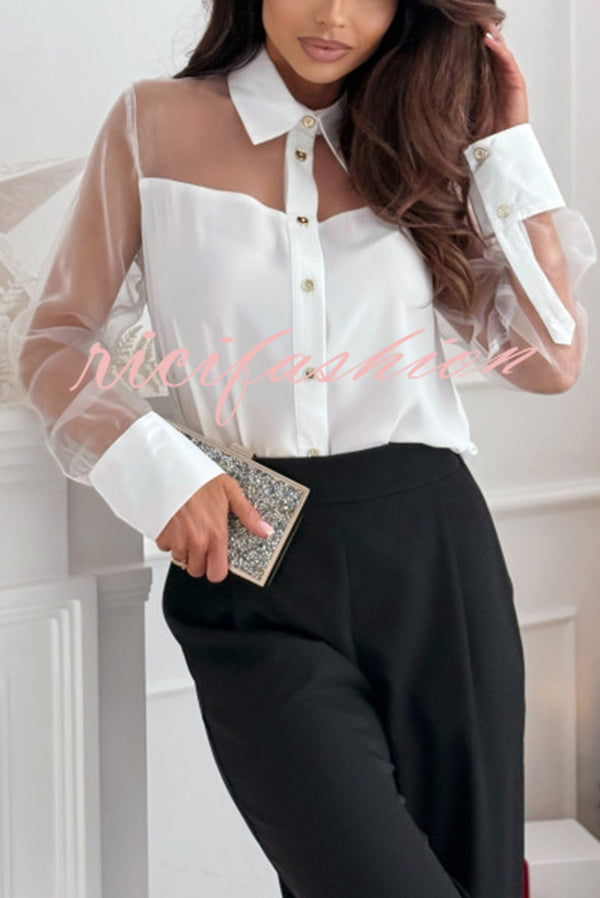 Solid Color Mesh Stitching Lapel Long Sleeve Elegant Shirt