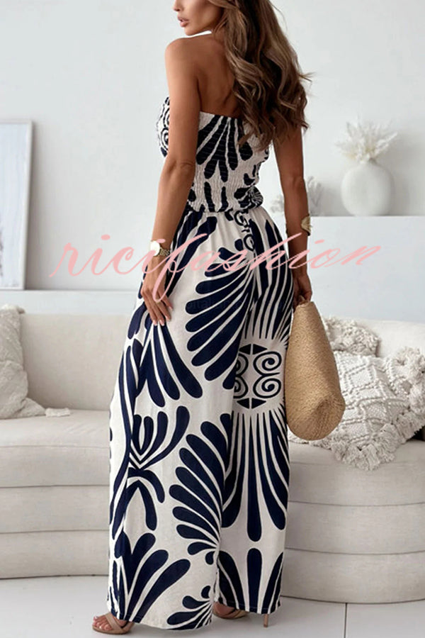 Unique Printed Off-shoulder Pleated Casual Wide-leg Jumpsuit