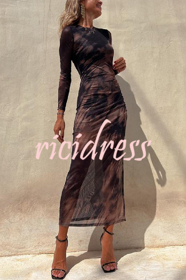 Charm Lady Mesh Overlay Tie Dye Print Long Sleeve Ruched Stretch Midi Dress