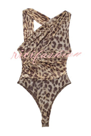 Absolute Trend Mesh Leopard Asymmetric Ruched Stretch Bodysuit