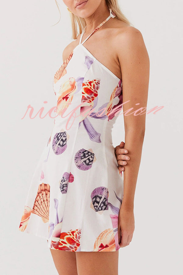 Seaside Bouquet Linen Blend Shells Unique Print Halter Mini Dress