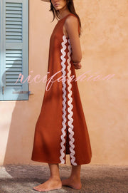 Vacation Villa Side Ric Rac Wave Trim Slit Loose Maxi Dress