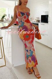 Floral Print Lace Trim Sexy Strapless Backless Slim Fit Maxi Dress