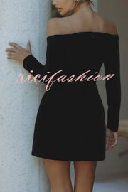 Dear Me Velvet Glitter Trim Off Shoulder Long Sleeve Pocketed Mini Dress