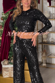 New Start Sequin Long Sleeve Back Tie-up Crop Top and Elastic Waist Loose Pants Set