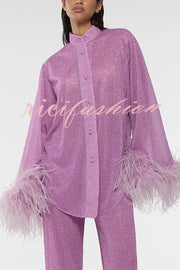 Glitter Fabric Feather Trim Long Sleeve Button Top and Elastic Waist Loose Straight Pants Set