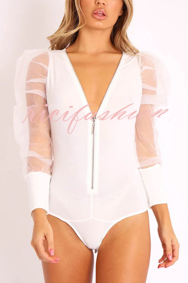 Solid Color Zip Front Sheer Puff Sleeves Bodysuit