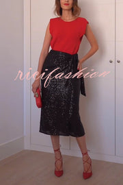 Crushing on You Sequin High Rise Wrap Tie-up Slit Midi Skirt