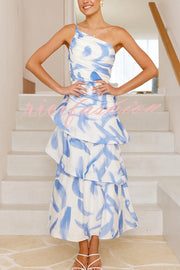 Romantic Season Flower Print One Shoulder Ruched Tiered Maxi Dress