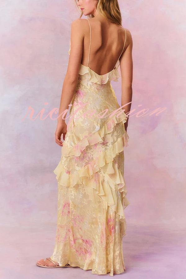 Multicolor Tie-dye Sexy Backless Wave-hem Strap Maxi Dress