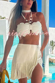 Solid Color Halter Neck Tassel Skirt Stretch Two-piece Bikini Swimsuit