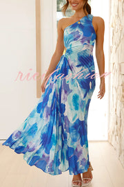 Laken Floral Print One Shoulder Adjustable Tie Cutout Pleated Maxi Dress