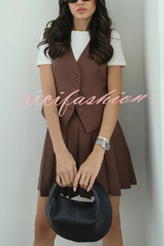 Solid Color Sleeveless Buttoned Vest and High-waisted Pleated Mini Skirt Set