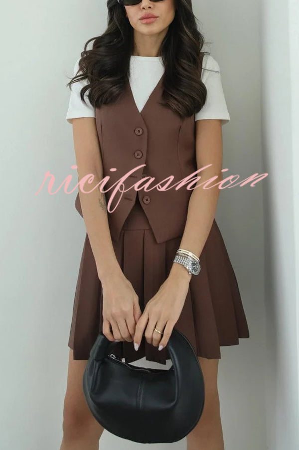 Solid Color Sleeveless Buttoned Vest and High-waisted Pleated Mini Skirt Set