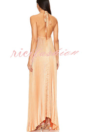 Luxurious Atmosphere Satin Halter Neck Backless A-line Gown Maxi Dress