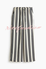 Lifetime of Happiness Striped Long Sleeve Loose Shirt and Elastic Waist Pocket Pants Set