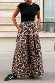 Leopard Print Pocket Pleated Hem Maxi Skirt