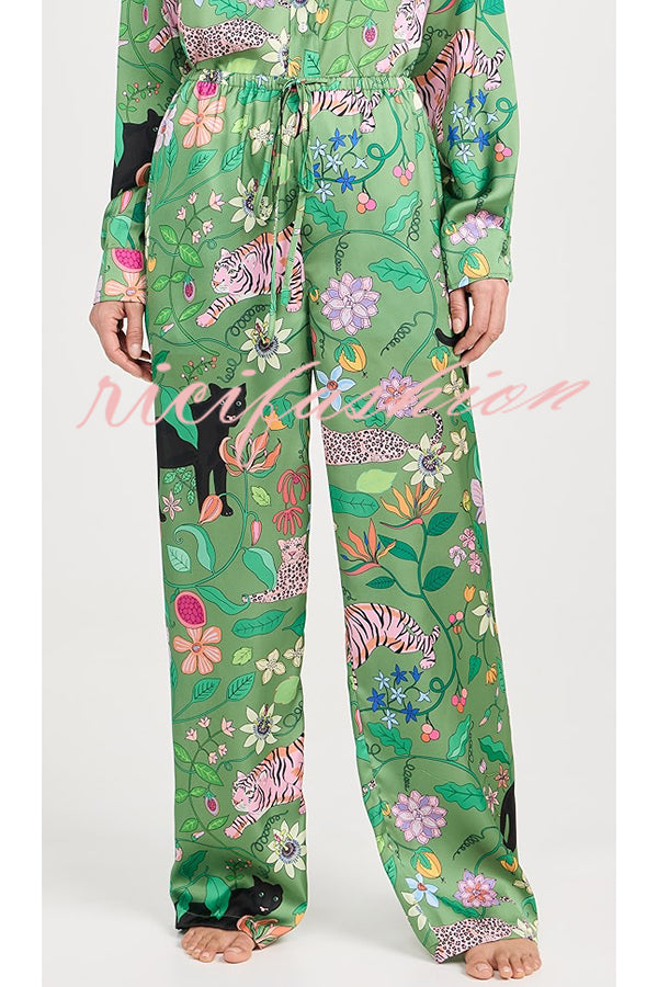 Quiet Jungle Satin Unique Print Long Sleeve Shirt and Elastic Waist Pocket Lounge Pants Set