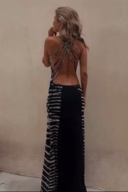 Tie-dye Print Back Lace-up Stretch Maxi Dress