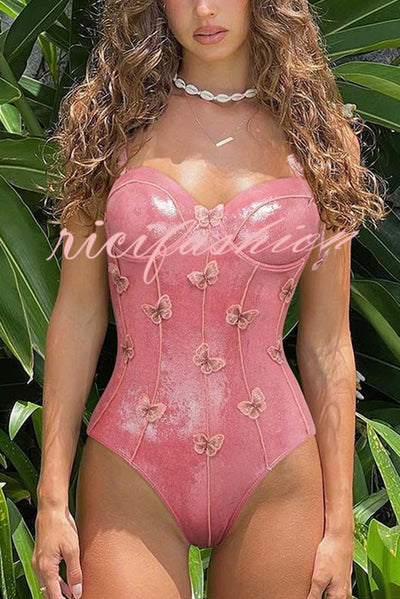 Solid Color Shiny Fabric Sweet Butterfly Decoration Stretch One-piece Swimsuit