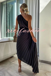 Romantic Nights Satin Raised Flower Elastic Cutout One Shoulder Pleated Maxi Dress