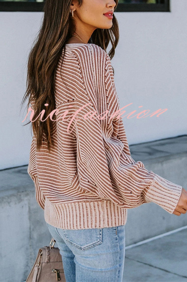 Knitted Striped Round Neck Dolman Sleeve Casual Loose Sweater