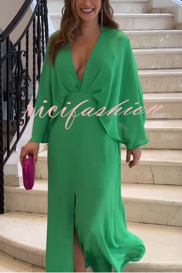 Solid Color V Neck High Waist Slit Casual Maxi Dress