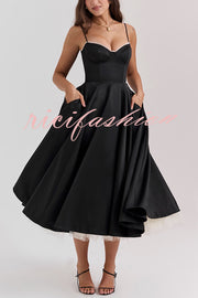 Fairytale Vibe Satin Patchwork Tulle Sweetheart Neck Pocket Stretch Midi Dress