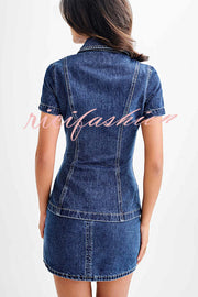 Modern Flavor Denim Short Sleeve Button Up Princess Seams Stretch Top