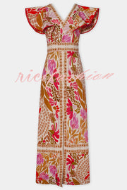 Unique Printed V-neck Open Back Ruffled Sleeves Slit Maxi Dress