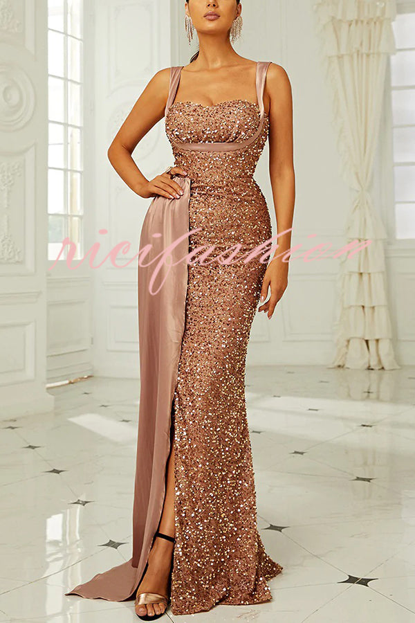 Banquet Sequined Backless Strappy Fishtail Maxi Dress