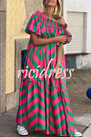 Exquisite Striped Patchwork Bell Sleeve Pocket Maxi Dress