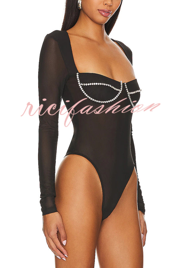 Happy Sexy Friday Mesh Diamante Long Sleeve Stretch Bodysuit