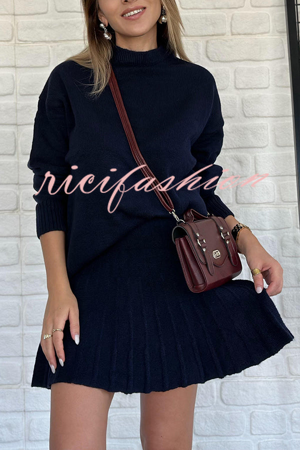 Solid Color Casual Preppy Knit Top and Knit Stretch Pleated Mini Skirt Set