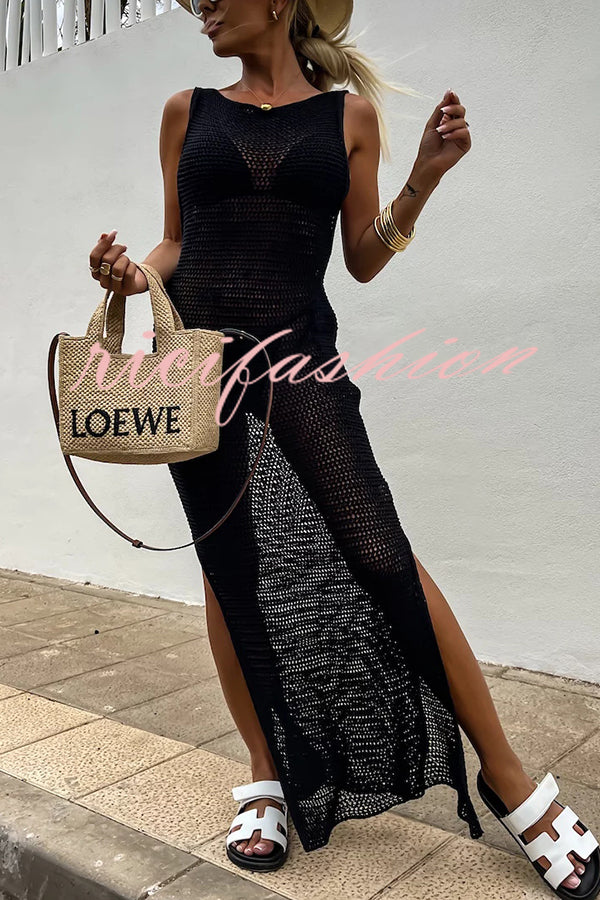 Solid Color Knitted Cutout Slit Slim Fit Maxi Dress