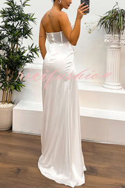 Audrey Satin Paneled Mesh Sequin Fabric Off Shoulder Ruched Drape Maxi Dress