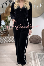 Logan Velvet Sporty Patchwork Zipper Elastic Waist Pocket Hooded Jumpsuit