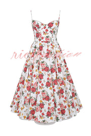 Fairy Tale Gorgeous Italian Rose Print Tulle Pocketed Slip Midi Dress