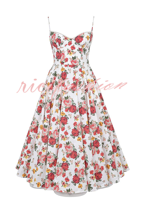 Fairy Tale Gorgeous Italian Rose Print Tulle Pocketed Slip Midi Dress