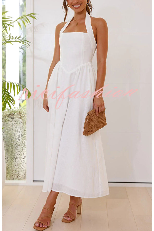 Brunch in Bali Linen Blend Halter Neck Pocketed Maxi Dress