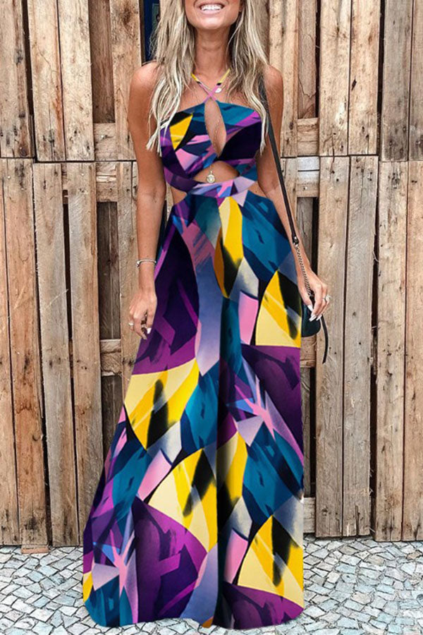 Tropical Palm Leaf Print Cutout Wide Leg Jumpsuit