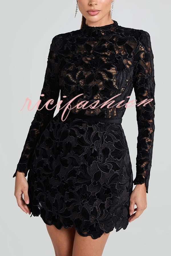 Lydia Embroidered Floral Lace Long Sleeve Belt Tulip Shaped Mini Dress