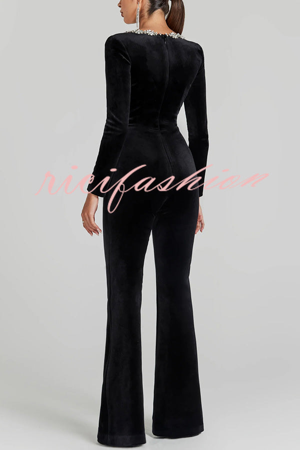 Classic Charm Velvet Jewel Embellished Trim Long Sleeve Flare Jumpsuit