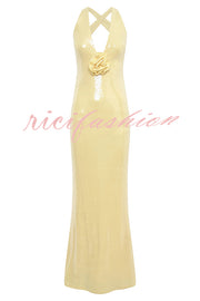 Sicilian Rose Sequin Three-dimensional Floral Sexy Backless Maxi Dress