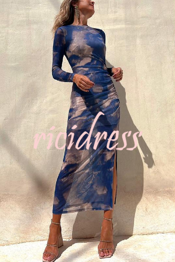 Charm Lady Mesh Overlay Tie Dye Print Long Sleeve Ruched Stretch Midi Dress