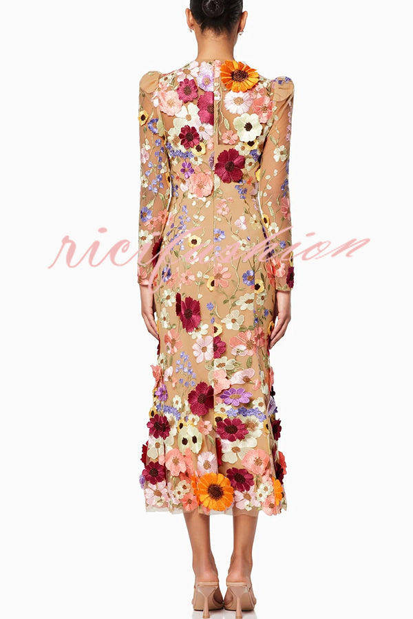 Dignified and Refined Charm Embroidered Floral Applique Long Sleeve Fish Tail Midi Dress