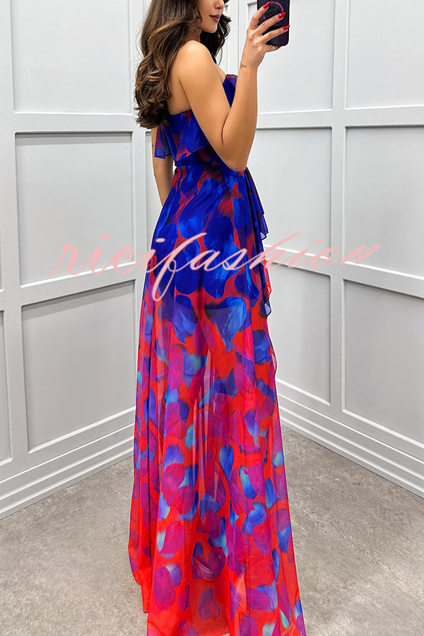 Loving Moment Gradient Unique Print Flowing Layered Ruffles Strapless Slit Maxi Dress