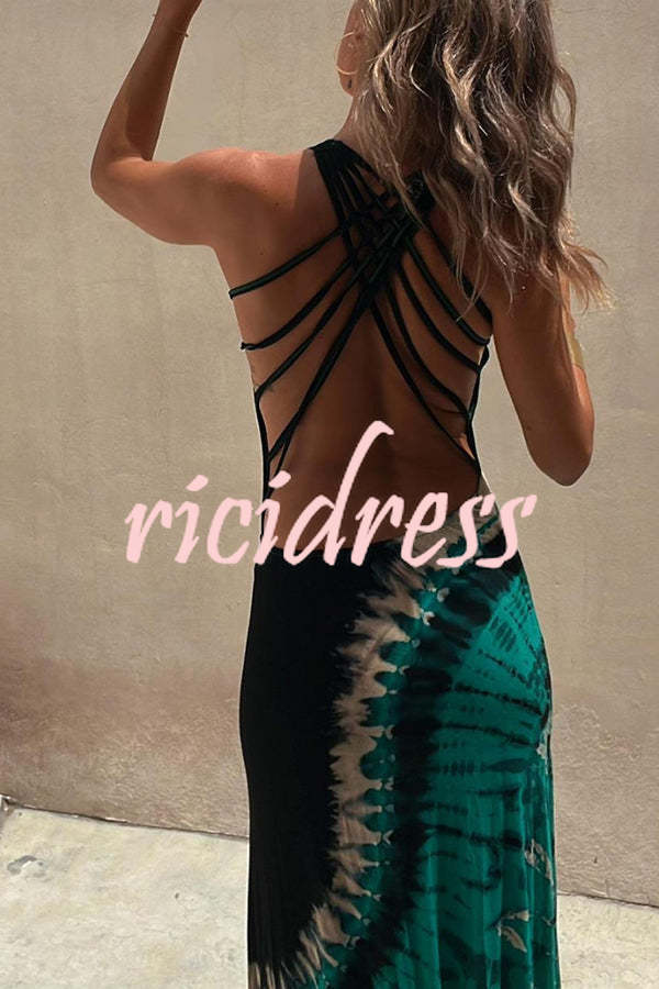 Tie-dye Print Back Lace-up Stretch Maxi Dress