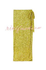 Disco Dancing Queen Sequin Wrap Tie-up Slit Midi Skirt